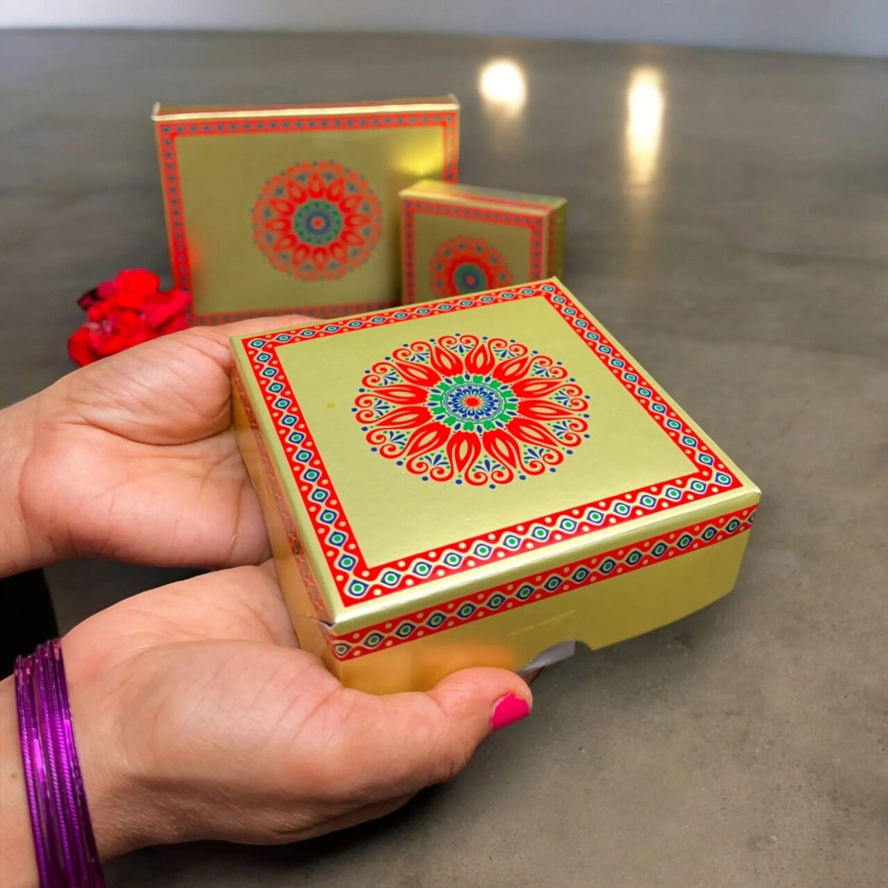 Sweet Boxes for Indian Sweets Mandala Design Empty Mithai Box for Ladoo Cookies Goodies Candy Handmade Bulk Gift Boxes for Wedding Pooja Housewarming Return Gifts